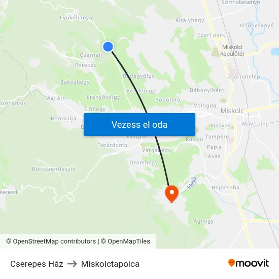 Cserepes Ház to Miskolctapolca map