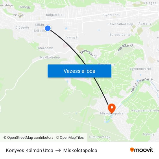 Könyves Kálmán Utca to Miskolctapolca map