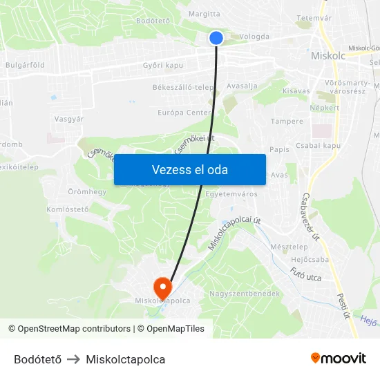 Bodótető to Miskolctapolca map