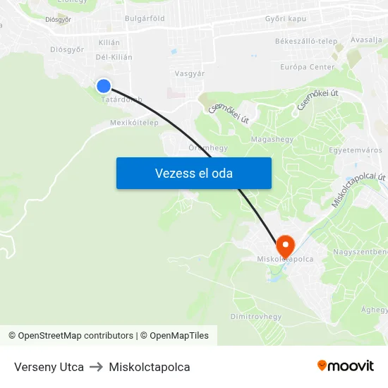 Verseny Utca to Miskolctapolca map