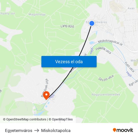 Egyetemváros to Miskolctapolca map