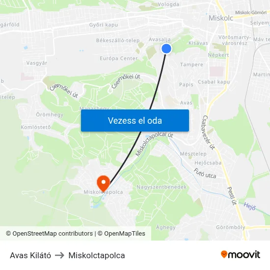 Avas Kilátó to Miskolctapolca map