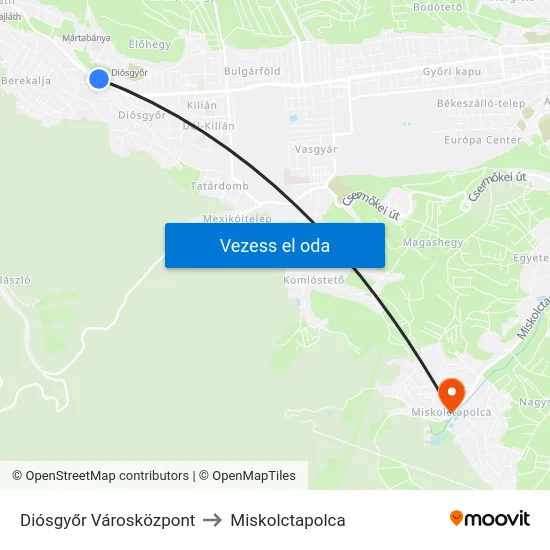 Diósgyőr Városközpont to Miskolctapolca map