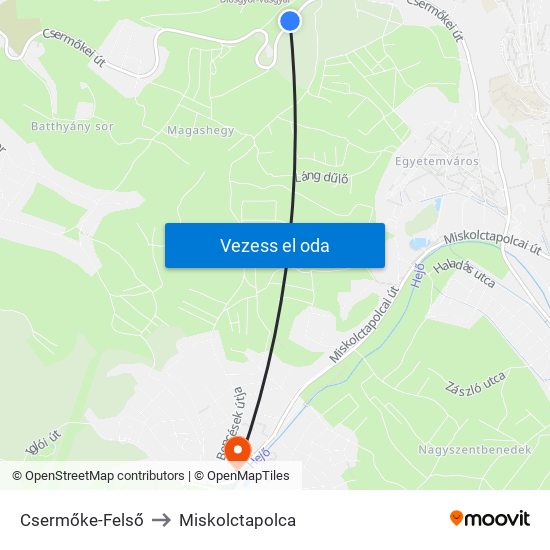 Csermőke-Felső to Miskolctapolca map