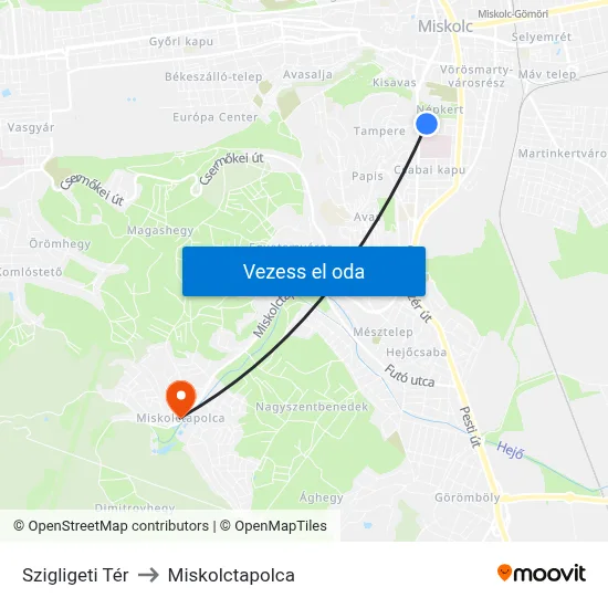 Szigligeti Tér to Miskolctapolca map