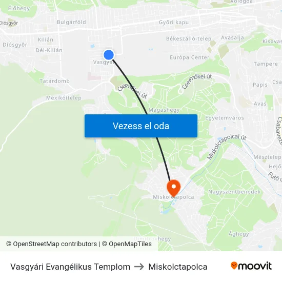 Vasgyári Evangélikus Templom to Miskolctapolca map