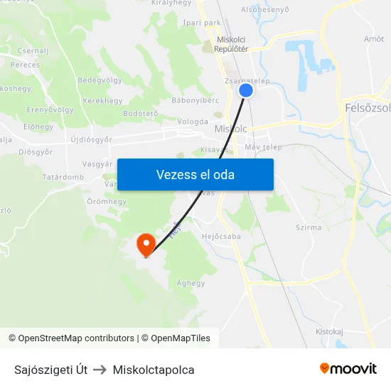 Sajószigeti Út to Miskolctapolca map