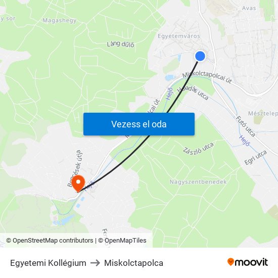 Egyetemi Kollégiumok to Miskolctapolca map