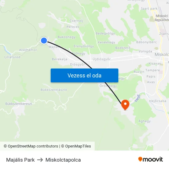 Majális Park to Miskolctapolca map