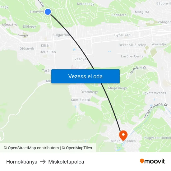 Homokbánya to Miskolctapolca map