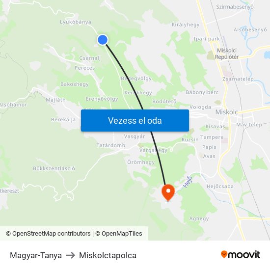 Magyar-Tanya to Miskolctapolca map