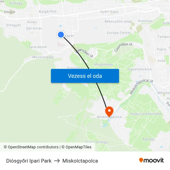Diósgyőri Ipari Park to Miskolctapolca map