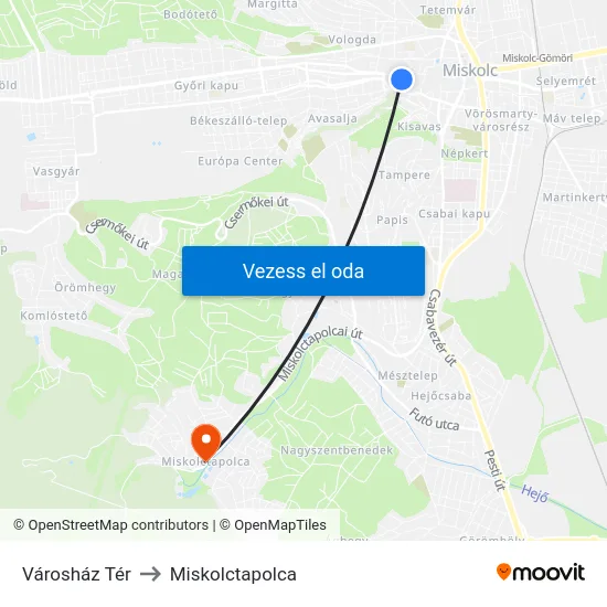Városház Tér to Miskolctapolca map