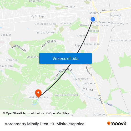 Vörösmarty Mihály Utca to Miskolctapolca map