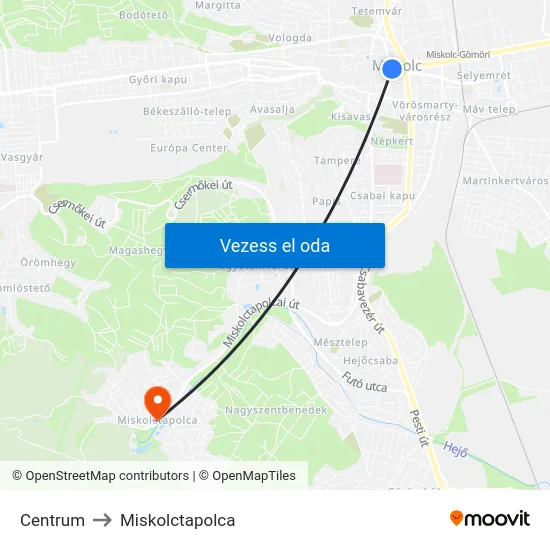 Centrum to Miskolctapolca map