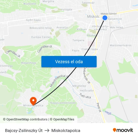 Bajcsy-Zsilinszky Út to Miskolctapolca map