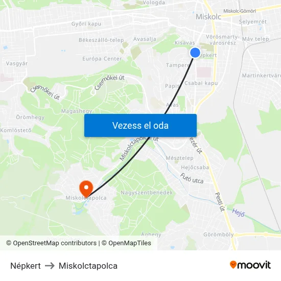 Népkert to Miskolctapolca map