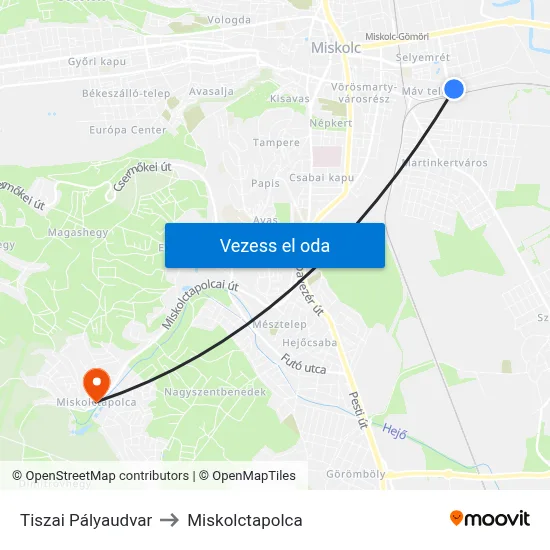 Tiszai Pályaudvar to Miskolctapolca map