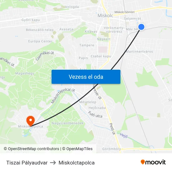 Tiszai Pályaudvar to Miskolctapolca map