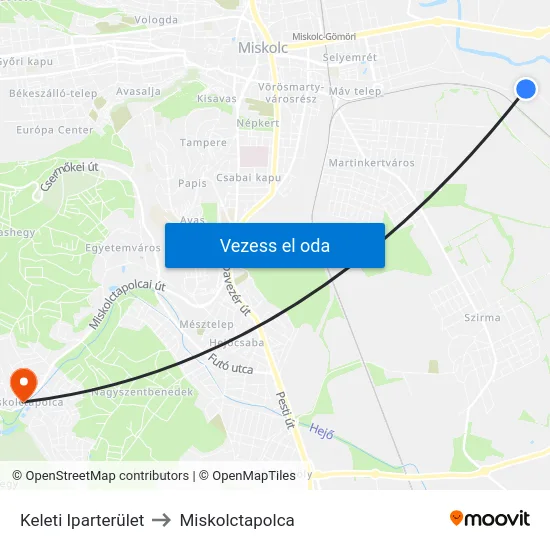Keleti Iparterület to Miskolctapolca map