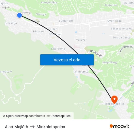 Alsó-Majláth to Miskolctapolca map