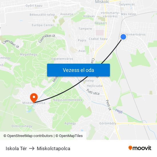 Iskola Tér to Miskolctapolca map