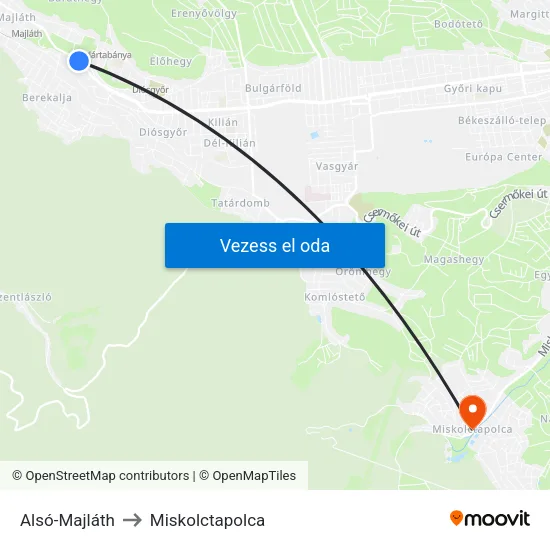 Alsó-Majláth to Miskolctapolca map