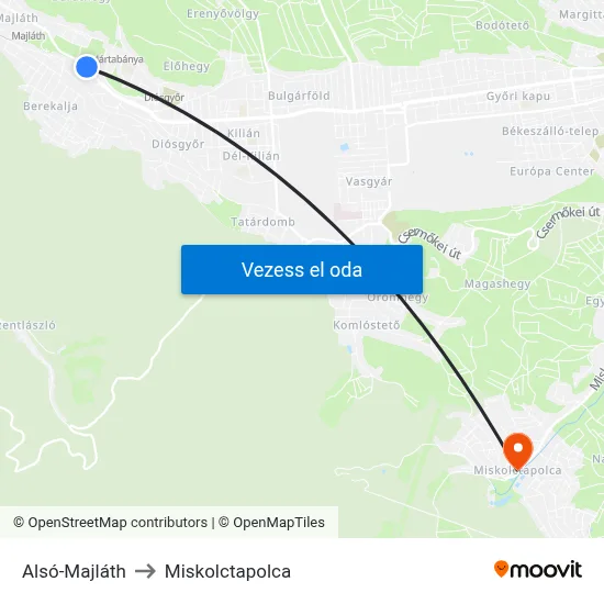 Alsó-Majláth to Miskolctapolca map