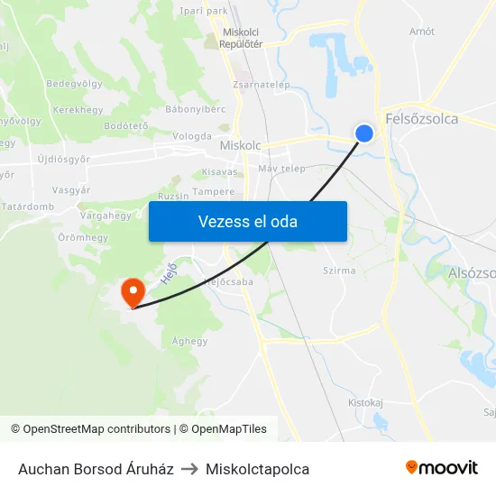 Auchan Borsod Áruház to Miskolctapolca map