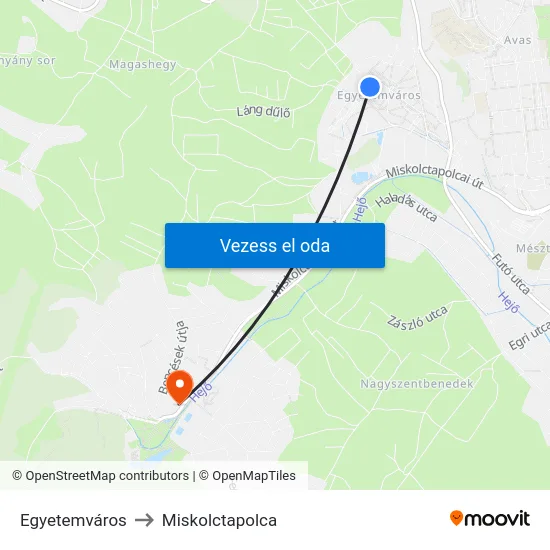 Egyetemváros to Miskolctapolca map