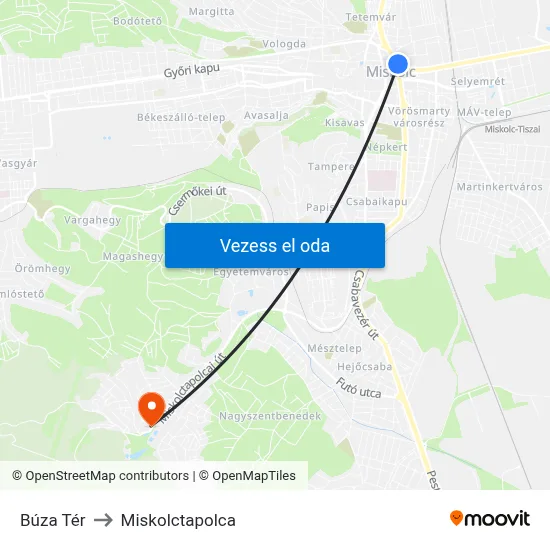 Búza Tér to Miskolctapolca map