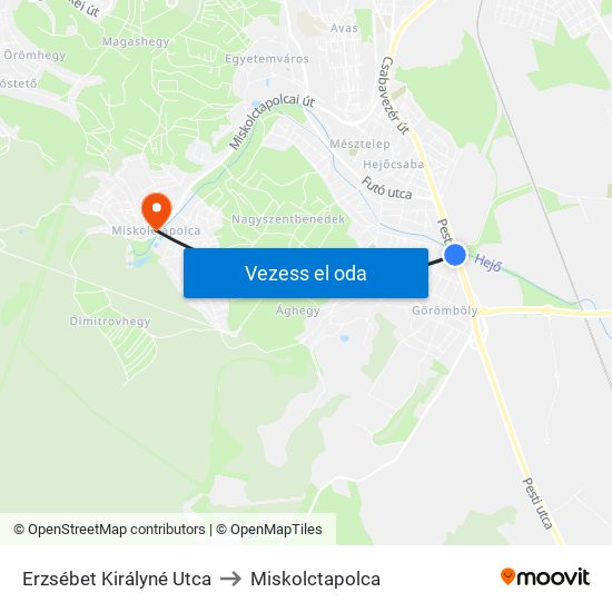 Erzsébet Királyné Utca to Miskolctapolca map