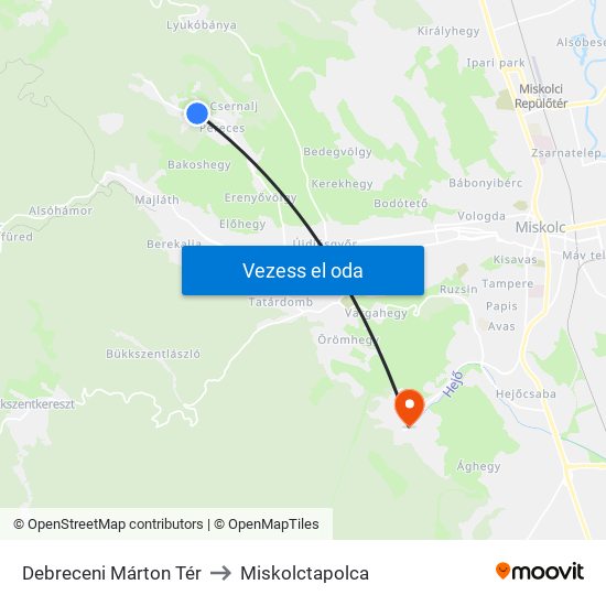 Debreceni Márton Tér to Miskolctapolca map