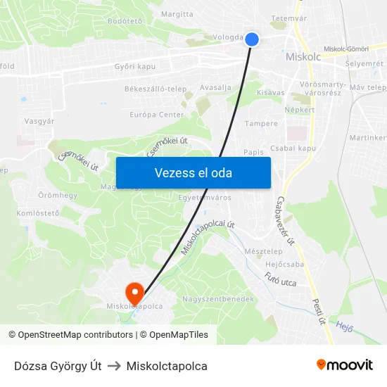 Dózsa György Út to Miskolctapolca map