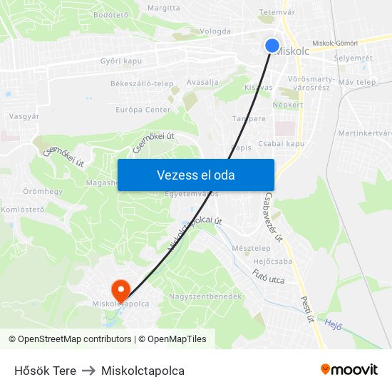 Hősök Tere to Miskolctapolca map