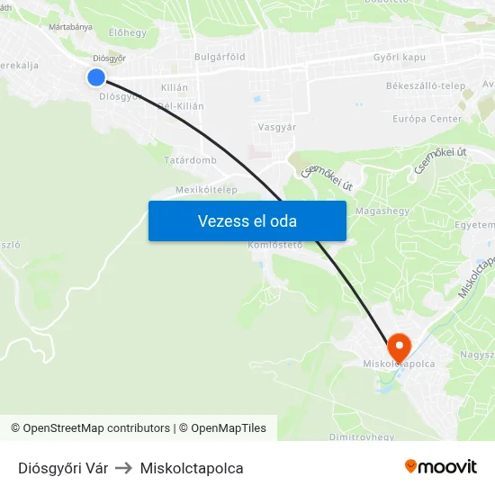 Diósgyőri Vár to Miskolctapolca map