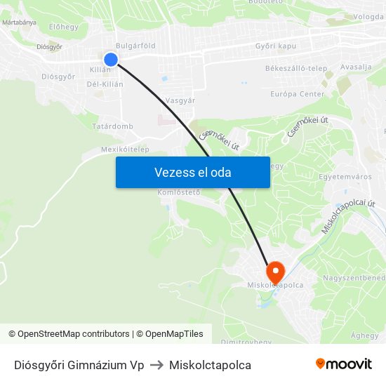 Diósgyőri Gimnázium Vp to Miskolctapolca map