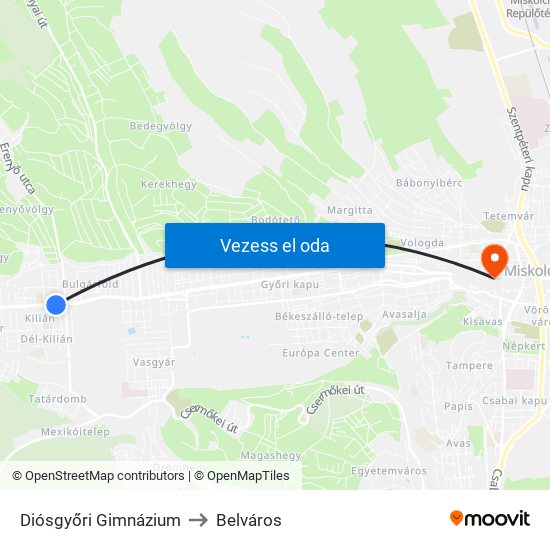 Diósgyőri Gimnázium to Belváros map