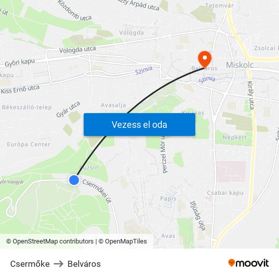 Csermőke to Belváros map