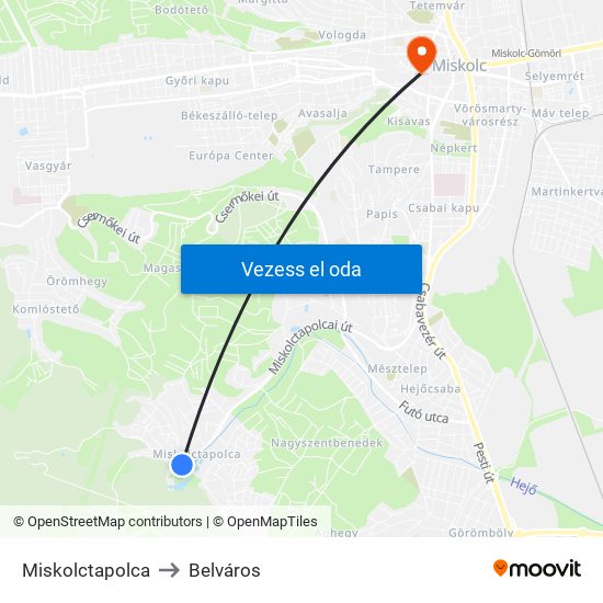 Miskolctapolca to Belváros map