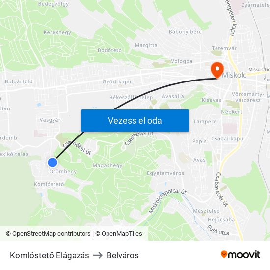 Komlóstető Elágazás to Belváros map