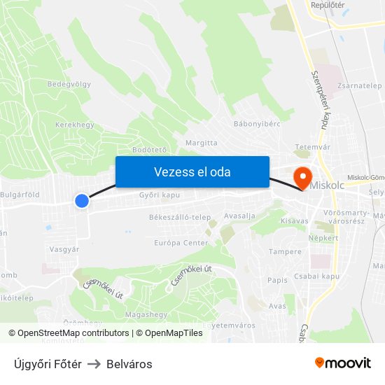 Újgyőri Főtér to Belváros map