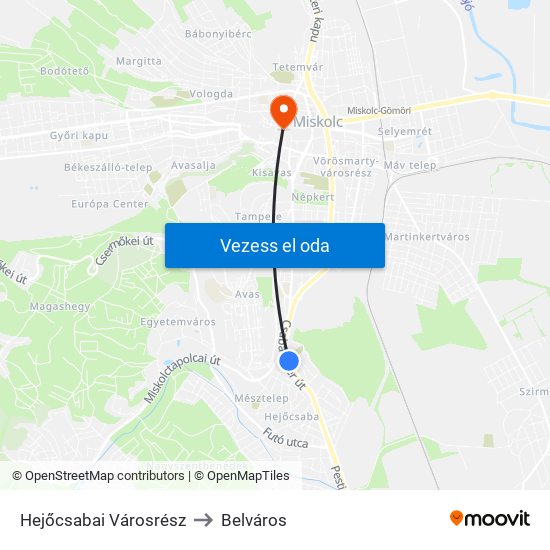 Hejőcsabai Városrész to Belváros map