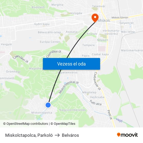 Miskolctapolca, Parkoló to Belváros map