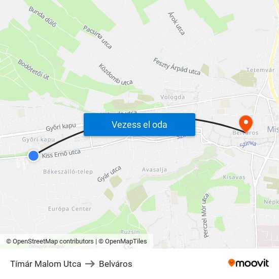 Tímár Malom Utca to Belváros map