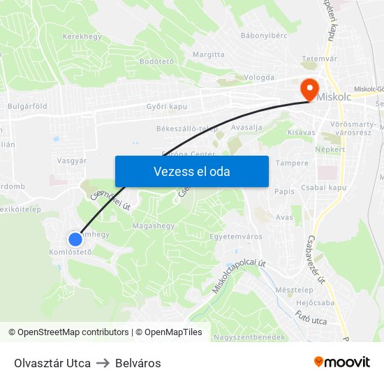 Olvasztár Utca to Belváros map