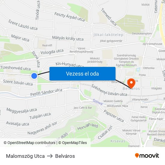 Malomszög Utca to Belváros map