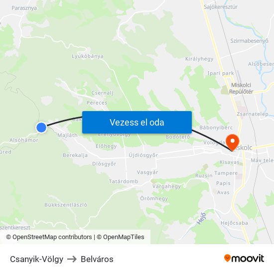 Csanyik-Völgy to Belváros map