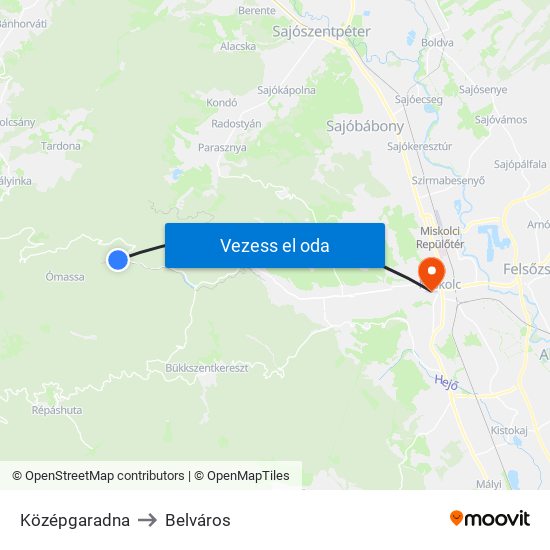 Középgaradna to Belváros map