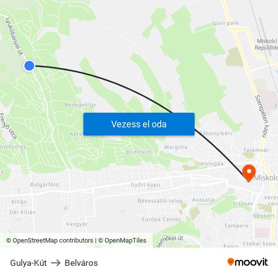 Gulya-Kút to Belváros map